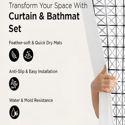 Kuber Industries White & Black 3 Pieces Geometric Printed Shower Curtain & Bathmat Set-picture-18