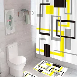 Kuber Industries White & Yellow 3 Pieces Geometric Shower Curtain & Bathmat Set image 4