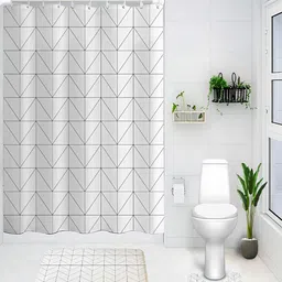 Kuber Industries White & Grey 3 Pieces Geometric Printed Shower Curtain & Bathmat Set image 2
