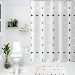 Kuber Industries White & Black 3 Pieces Geometric Printed Shower Curtain & Bathmat Set image 3