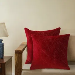 House of Pataudi Maroon & white 2 Pieces Embroidered Velvet Cushion Covers-image-87
