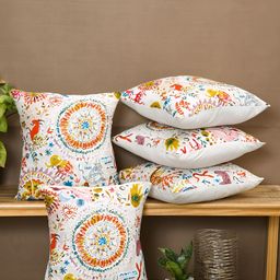 TARAN LIVING Orange & White 5 Pcs Floral Square Cushion Covers-image-3