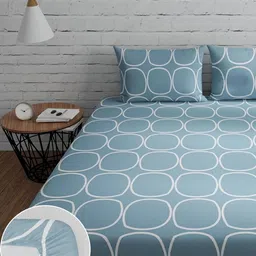 Huesland Blue & White Geometric 144 TC Cotton Fitted Single Bedsheet with 2 Pillow Covers-image-52
