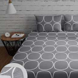 Huesland Grey Geometric 144 TC Cotton Fitted Double Queen Bedsheet & 2 Pillow Covers-image-17