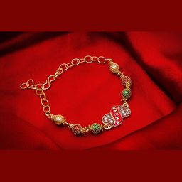 aadita Men Gold-Toned & Green Beaded Bracelet Rakhi-image-75