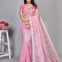 BARKIYA CREATION Embellished Zari Net Saree-picture-1