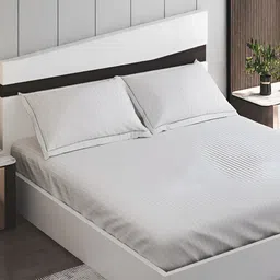 Home Centre Grey & White Striped 210 TC Cotton Fitted King Bedsheet With 2 Pillow Covers-image-30
