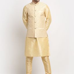 KRAFT INDIA Men Beige Regular Pure Silk Kurta with Churidar & Nehru Jacket-picture-14