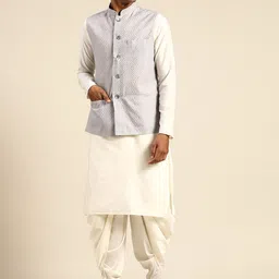 KISAH Mandarin Collar Pure Cotton Kurta With Dhoti Pants & Nehru Jacket-image-42
