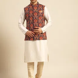 KISAH Mandarin Collar Straight Kurta With Churidar & Nehru Jacket-image-11