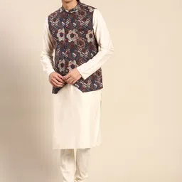 KISAH Men Cream-Coloured Solid Kurta with Churidar & Nehru Jacket-0