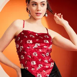 KASSUALLY Red Floral Printed Shoulder Straps Tie-Ups Velvet Styled Back Crop Top-picture-4