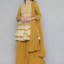 Kvsfab Women Mustard Yellow Ethnic Motifs Embroidered Thread Work Kurta with Sharara & With Dupatta-picture-5