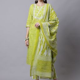 KALINI Floral Printed Thread Work Pure Cotton Straight Kurta With Trousers & Dupatta-image-1
