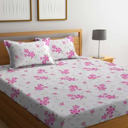 KLOTTHE Grey & Pink Floral Printed Fitted 300TC Double King Bedsheet With 2 Pillow Covers-18