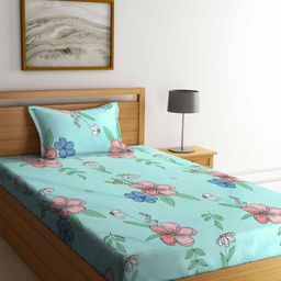 KLOTTHE Book Fold Green & Pink Floral 300TC Fitted Single Bedsheet & 1 Pillow Cover-image-44