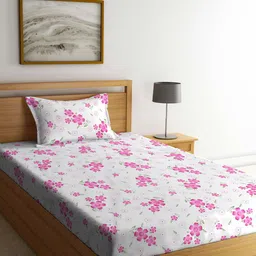 KLOTTHE White & Pink Printed Fitted 300TC Fitted Single Bedsheet With 1 Pillow Cover-image-40