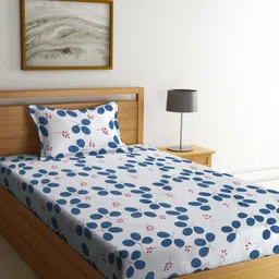 KLOTTHE White & Blue Floral 300TC Fitted Single Bedsheet & 1 Pillow Cover-image-30