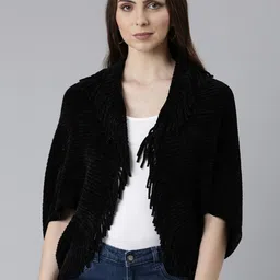 SHOWOFF Ribbed Shawl Collar Poncho with Fringed Detail-1