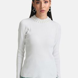 Kazo Women White Ribbed Pullover with Embellished Detail-image-39