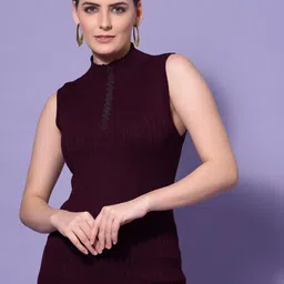 Mafadeny Women Maroon Ribbed Sweater Vest with Embellished Detail-image-21