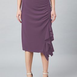 Athena Purple A-Line Midi Skirt With Front Frill Detail-image-52