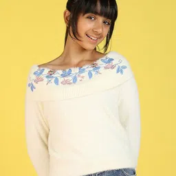 Natilene Girls Floral Embroidered Off Shoulder Pullover Sweaters With Fuzzy Detail-image-3