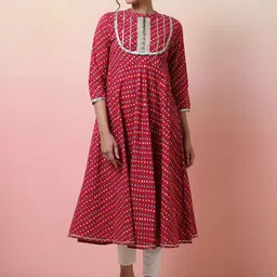 Sangria Women Bandhani-Printed Cotton Mandarin Collar A-Line Kurta-picture-48