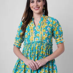 God Bless Floral Printed Mandarin Collar Pleated Ruffles Cotton A-Line Top-picture-18