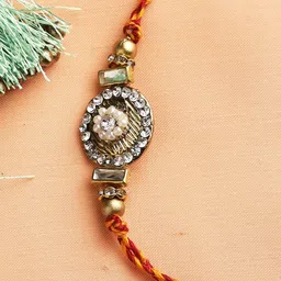 Aapno Rajasthan Golden & White Stone & Beads Handcrafted Rakhi-image-20