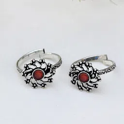 TEEJH Pack of 2 Red & Silver Toned Oxidised Toe Rings-33