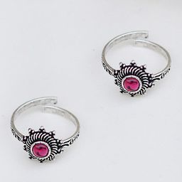 TEEJH Set Of 2 Oxidised Silver-Plated Pink Stone-Studded Toe Rings-image-84