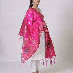 MUFFLY Ethnic Motifs Woven Design Banarasi Silk Dupatta with Zari-32