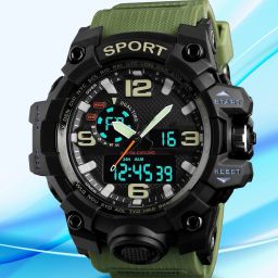 Men’s Trendy 1155 Sports Watch – Green Hue Analog-Digital Watch - For Men PU Green Dual Display Watch for Sports-image-96