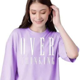 Oversize Women Printed Round Neck Polycotton Purple T-Shirt-image-27