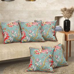 EasyGoods Anokhi Aqua Green & Pink Set Of 2 Floral Printed Cotton Square Cushion Covers-28