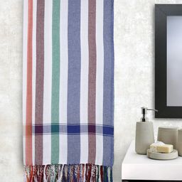 Arrabi Set Of 2 White & Blue Striped 210 GSM Cotton Bath Towels-93
