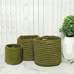 HABERE INDIA Green Set of 3 Jute Storage Basket Crochet Organisers-image-63