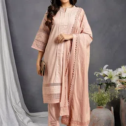 zuri Notch-Neck Pure Cotton Straight Kurta With Trouser And Dupatta-picture-46