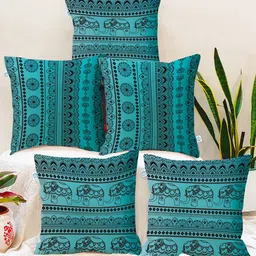 STITCHNEST Blue & Black Set of 5 Ethnic Motifs Square Cushion Covers-35