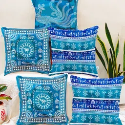 STITCHNEST Adults Blue & White Set of 5 Warli Motifs Square Cushion Covers-14