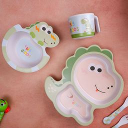 THE BAMBOO CO Kids Green & White 5 Pieces Dinosaur Printed Bamboo Matte Dinner Set-picture-48