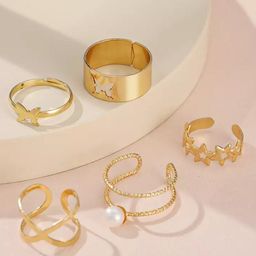 Pinapes Set Of 5 Gold-Plated Stone-Studded & Pearl Beaded Adjustable Finger Ring-9