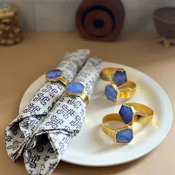 HOMEARTE Blue & Gold Toned 6 Pieces Crystal Agate Metal Napkin Rings Set-picture-49