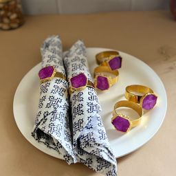 HOMEARTE Pink & Gold Toned 6 Pieces Crystal Agate Metal Napkin Rings Set-58