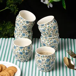 Arrabi White & Blue 6 Pieces Floral Printed Ceramic Glossy Kulladhs 220 ml Each-image-21