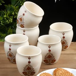 Arrabi White & Red 6 Pieces Floral Printed Ceramic Glossy Kulladhs 220 ml Each-18