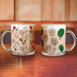 Indigifts Flowers and Palm Leaves Printed Set of 2 Transparent Coffee Mugs-picture-53