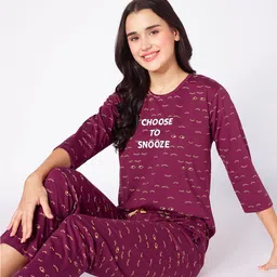 beebelle Women Burgundy & White Graphic Printed Night suit-picture-31