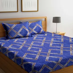 KLOTTHE Blue & Grey Geometric 210 TC Queen Bedsheet with 2 Pillow Covers-image-84